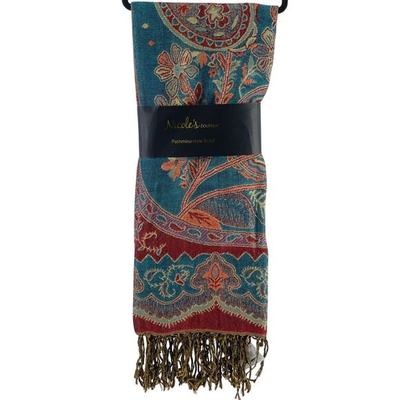 Nicole’s Boutique Teal/Red Floral Pashmina-Style Shawl Wrap Women’s Viscose NWT - Picture 1 of 6